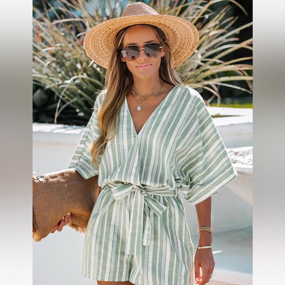 Green and White Striped Romper
